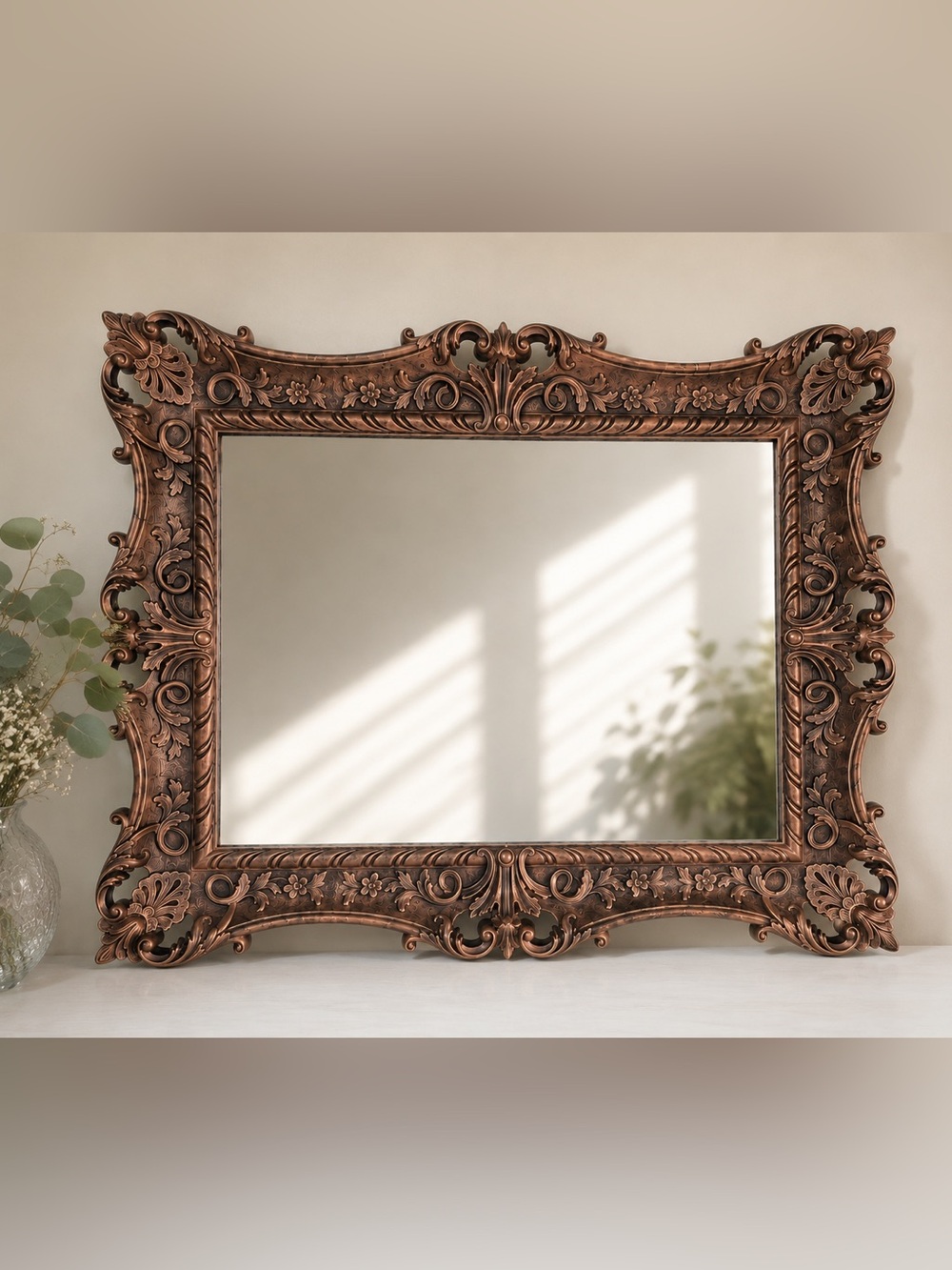 Vintage 1980 Ornate Baroque Wall Mirror
Rose Gold • Copper • Resin Frame